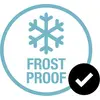 'Frost Proof' Symbol mit Schneeflocke in Kreis und Häkchen. Symbolisiert Schutz vor Frost.