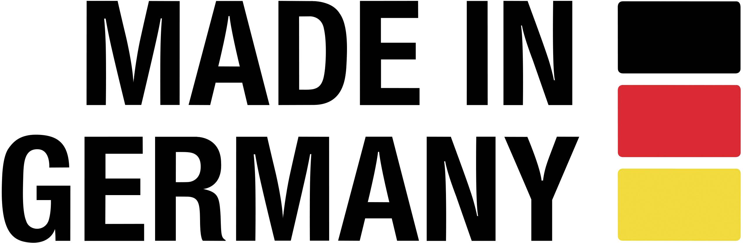 Text 'MADE IN GERMANY' neben schwarzen, roten und goldenen Balken, ähnlich der deutschen Flagge.