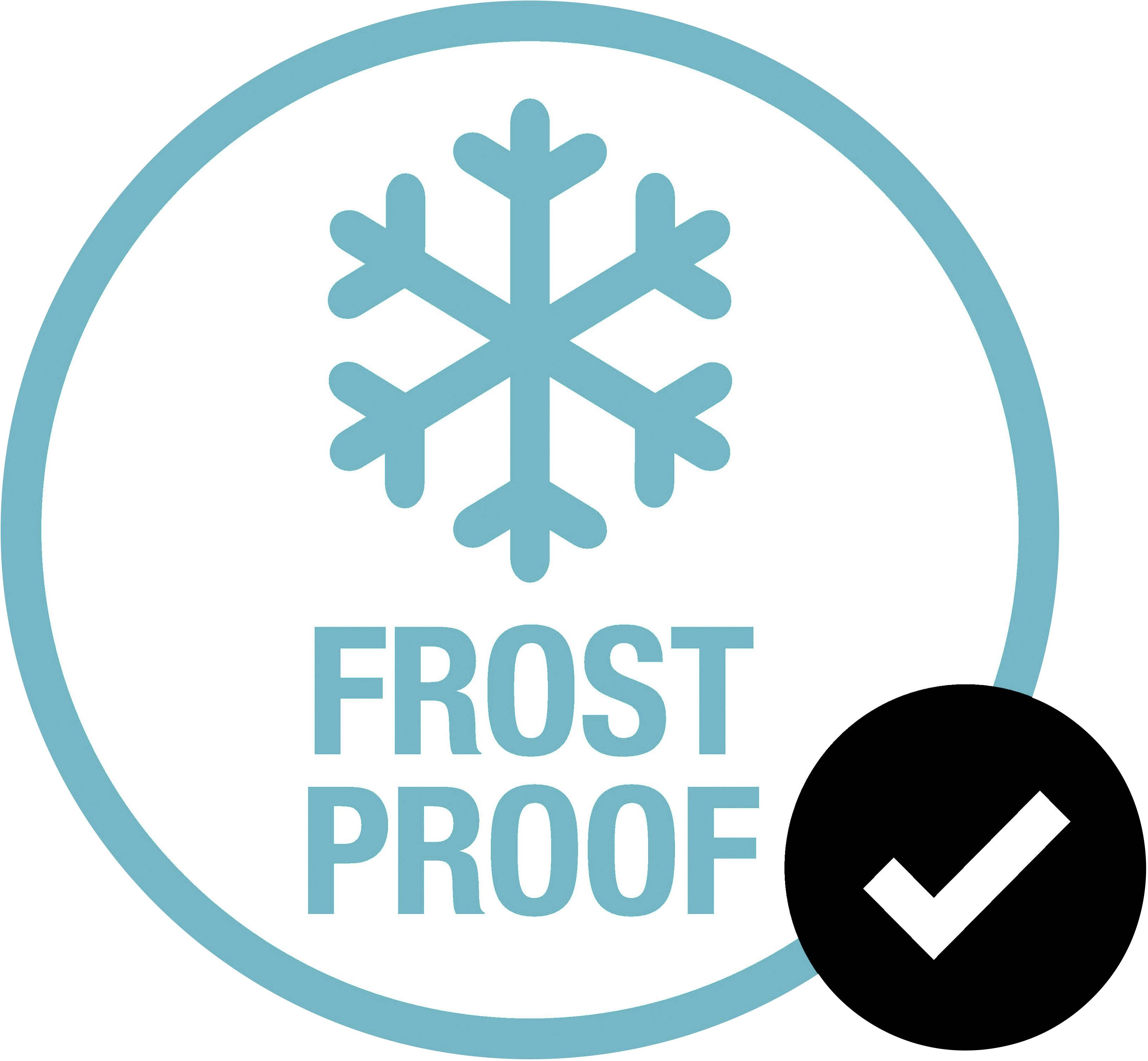 Ein blaues Symbol mit Schneeflocke und dem Text 'Frost Proof' zeigt an, dass das Produkt frostbeständig ist. Ein schwarzes Häkchen bestätigt dies.