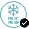 Ein blaues Symbol mit Schneeflocke und dem Text 'Frost Proof' zeigt an, dass das Produkt frostbeständig ist. Ein schwarzes Häkchen bestätigt dies.