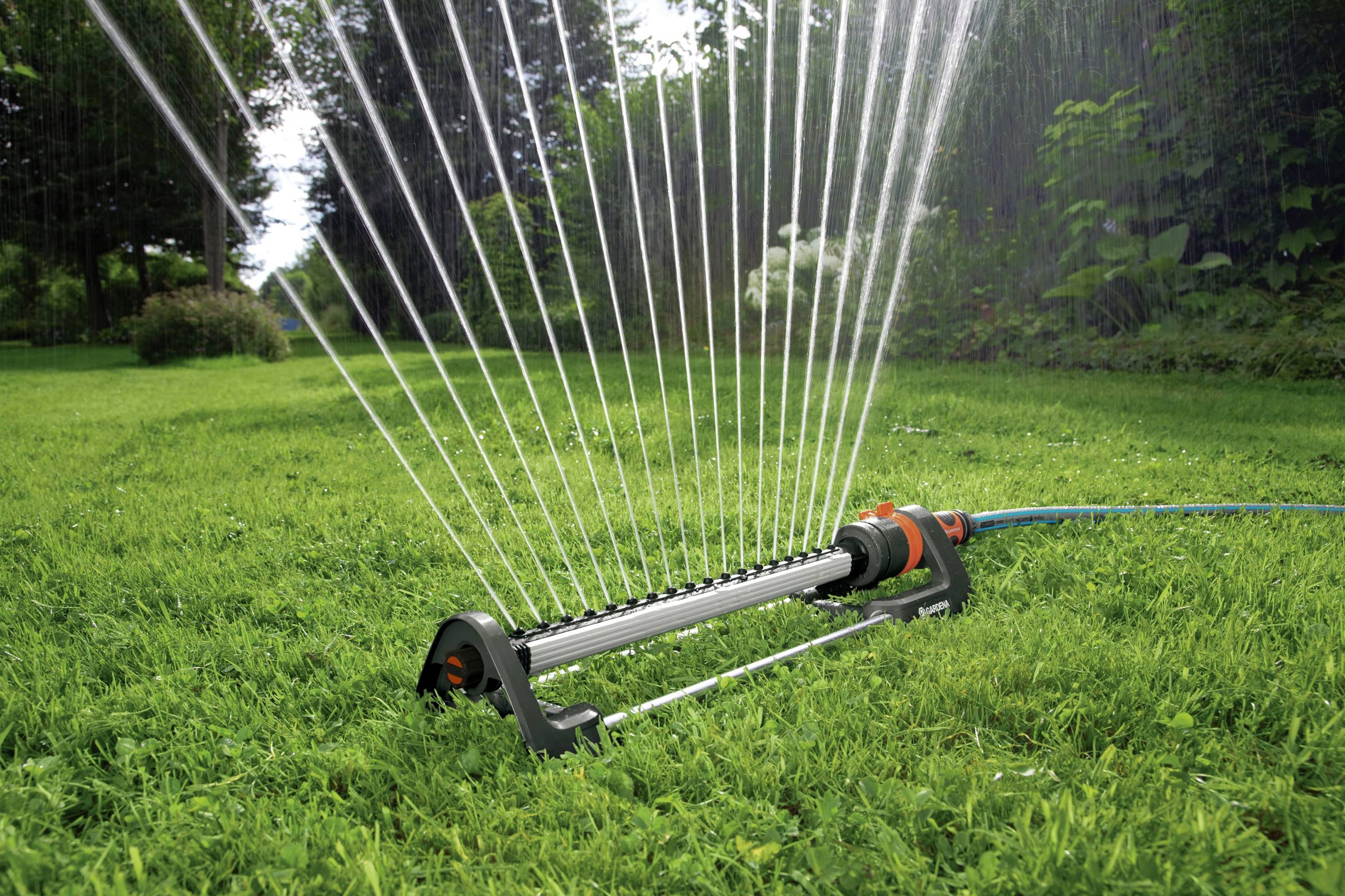 Ein Rasensprenger bewässert gleichmäßig einen grünen Rasen in einem Garten, umgeben von Bäumen und Pflanzen.