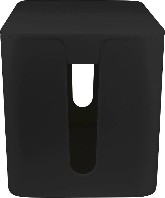 Eine schwarze, rechteckige Box mit einer zentralen Öffnung an der Vorderseite.