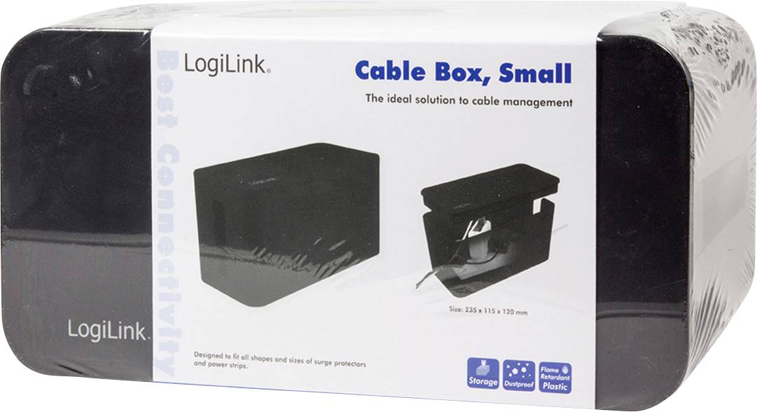 Eine kleine, schwarze Kabelbox von LogiLink für Kabelmanagement. Enthält Bilder der Box; Maße: 235 x 125 x 120 mm. Ideal für Kabelorganisation.