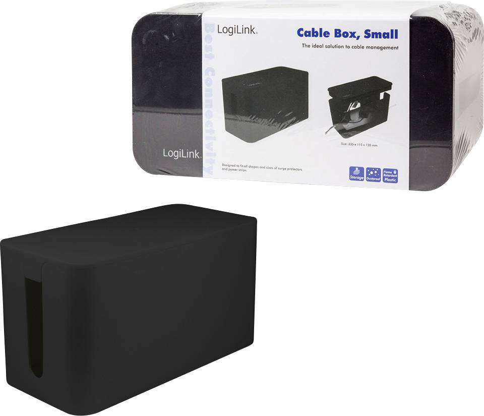 'LogiLink Kabelbox, klein, in Schwarz' mit Abbildung der Box und Kabeln. Text auf der Verpackung: 'Die ideale Lösung für Kabelmanagement'.