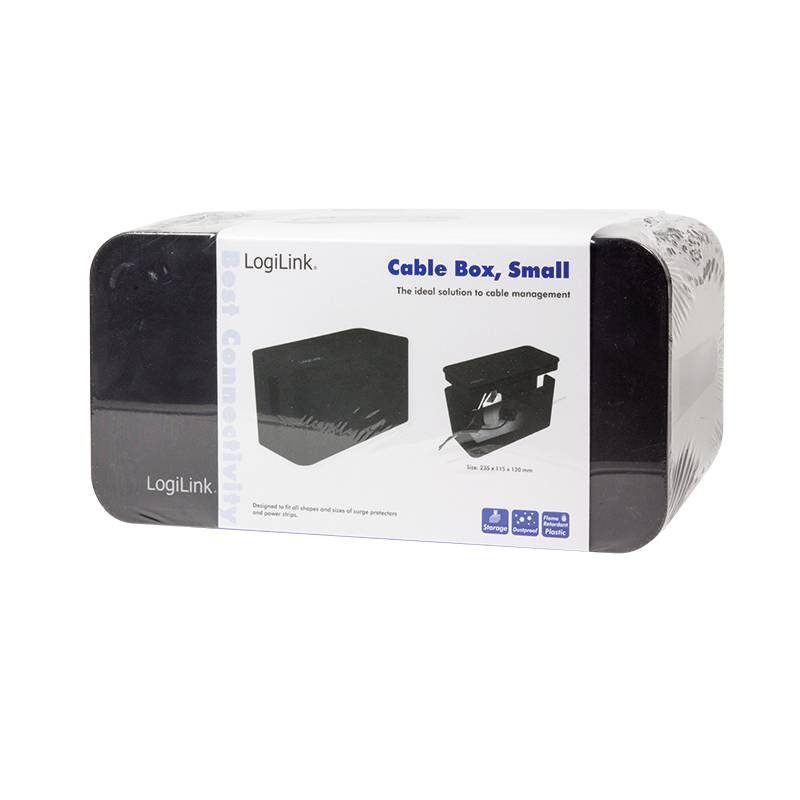 Schwarze LogiLink Kabelbox in Verpackung. Text auf der Verpackung: 'Cable Box, Small - The ideal solution to cable management'. Größe 235x116x120mm.