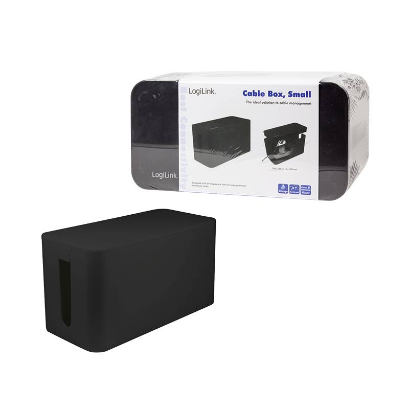 Kabelbox in Schwarz, geeignet zur Kabelorganisation. Verpackung mit Produktabbildung und Beschreibung.