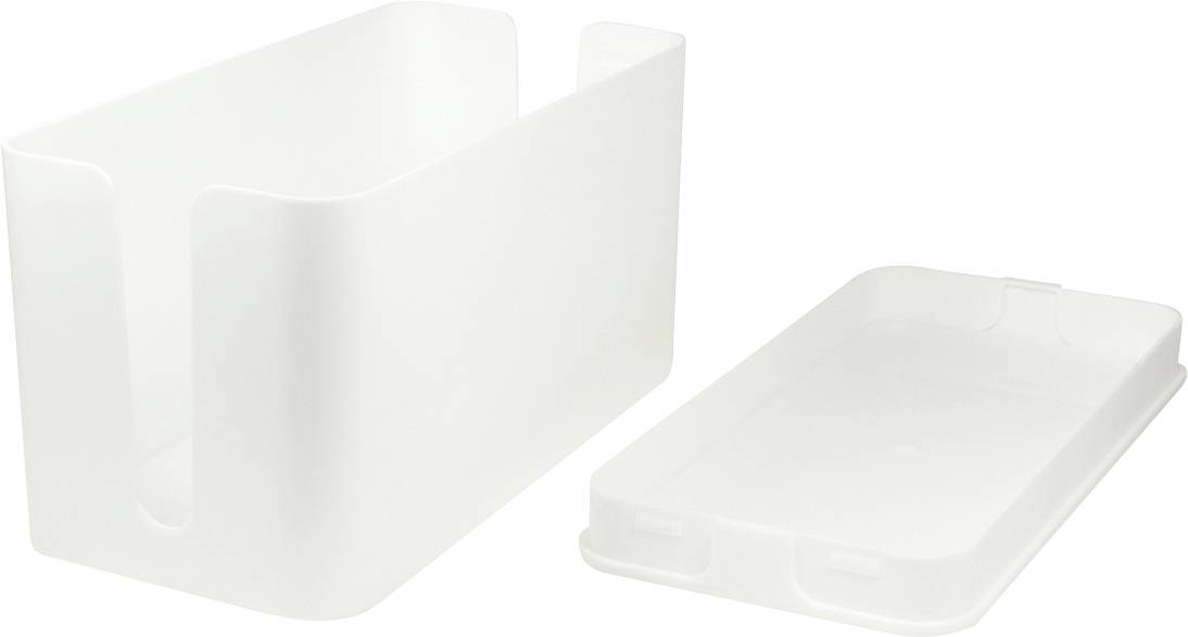 Ein weißer Kabelorganisator mit abnehmbarem Deckel. Eignet sich zur ordentlichen Aufbewahrung von Kabeln und Steckern auf dem Schreibtisch.