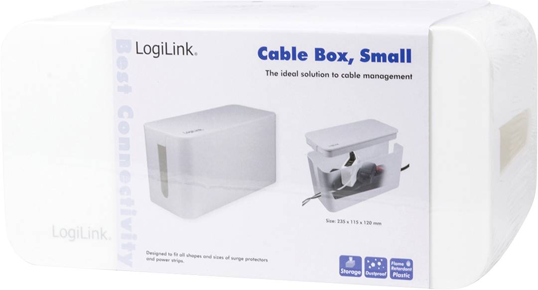 Weiße Kabelbox von LogiLink zur Kabelorganisation, geeignet für kleine Räume. Enthält Bild der Box und einiger Kabel im Inneren.