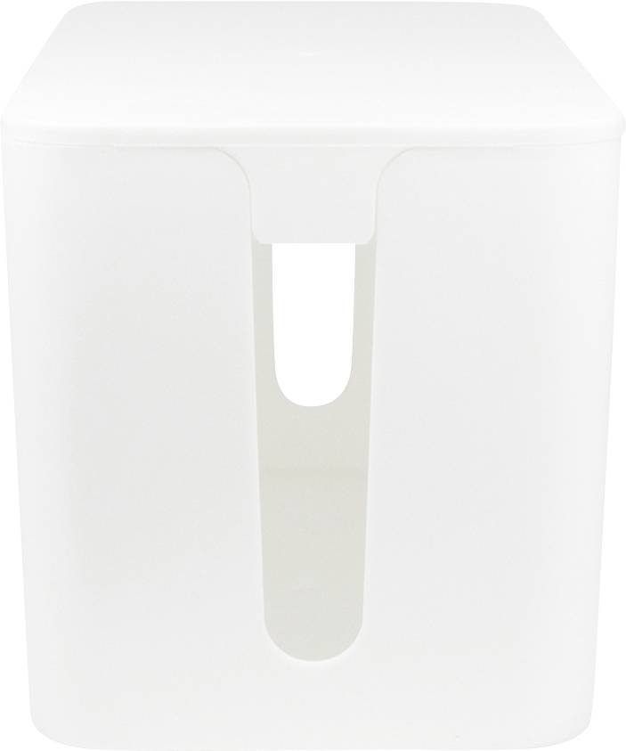 Ein weißer, rechteckiger Kabel-Organizer aus Kunststoff mit einer Öffnung oben zur Kabelverwaltung. Ideal für Schreibtischordnungen.