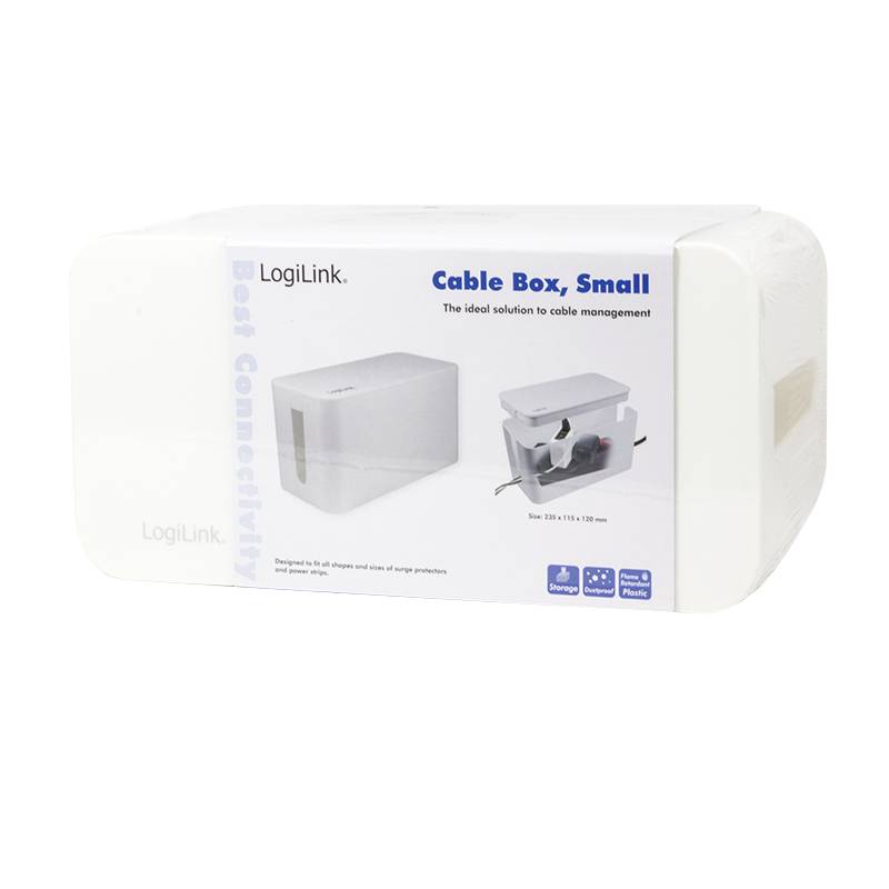 Kabelbox von LogiLink, klein, weiß. Lösungsbild für Kabelmanagement. Größe 235 x 115 x 116 mm. Geeignet für Ordnung und Schutz von Kabeln.