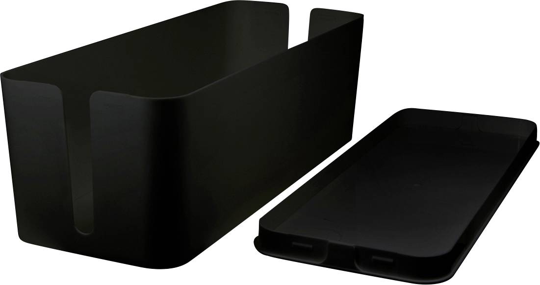 Schwarze Kabelbox mit abnehmbarem Deckel, zur ordentlichen Aufbewahrung von Kabeln.