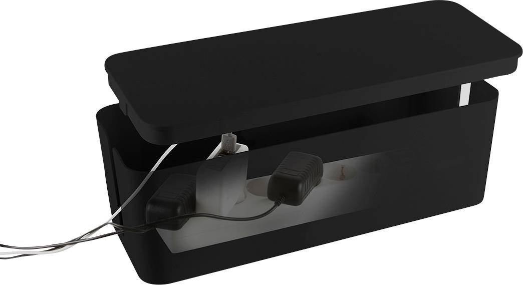 Schwarze Kabelbox mit geöffnetem Deckel, zeigt darin verstaute Kabel und Adapter zur ordentlichen Organisation von Elektronikzubehör.