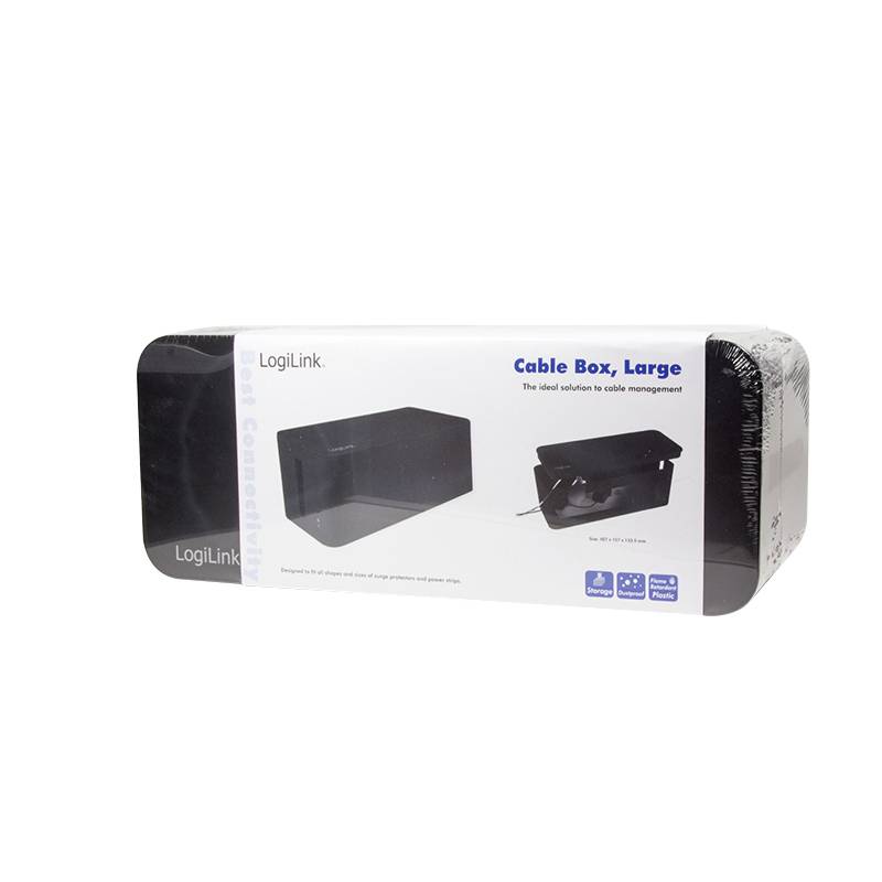 Kabelbox-Produktverpackung 'Cable Box, Large' von LogiLink, zur Kabelorganisation. Verpackung zeigt Foto der schwarzen Kabelbox.
