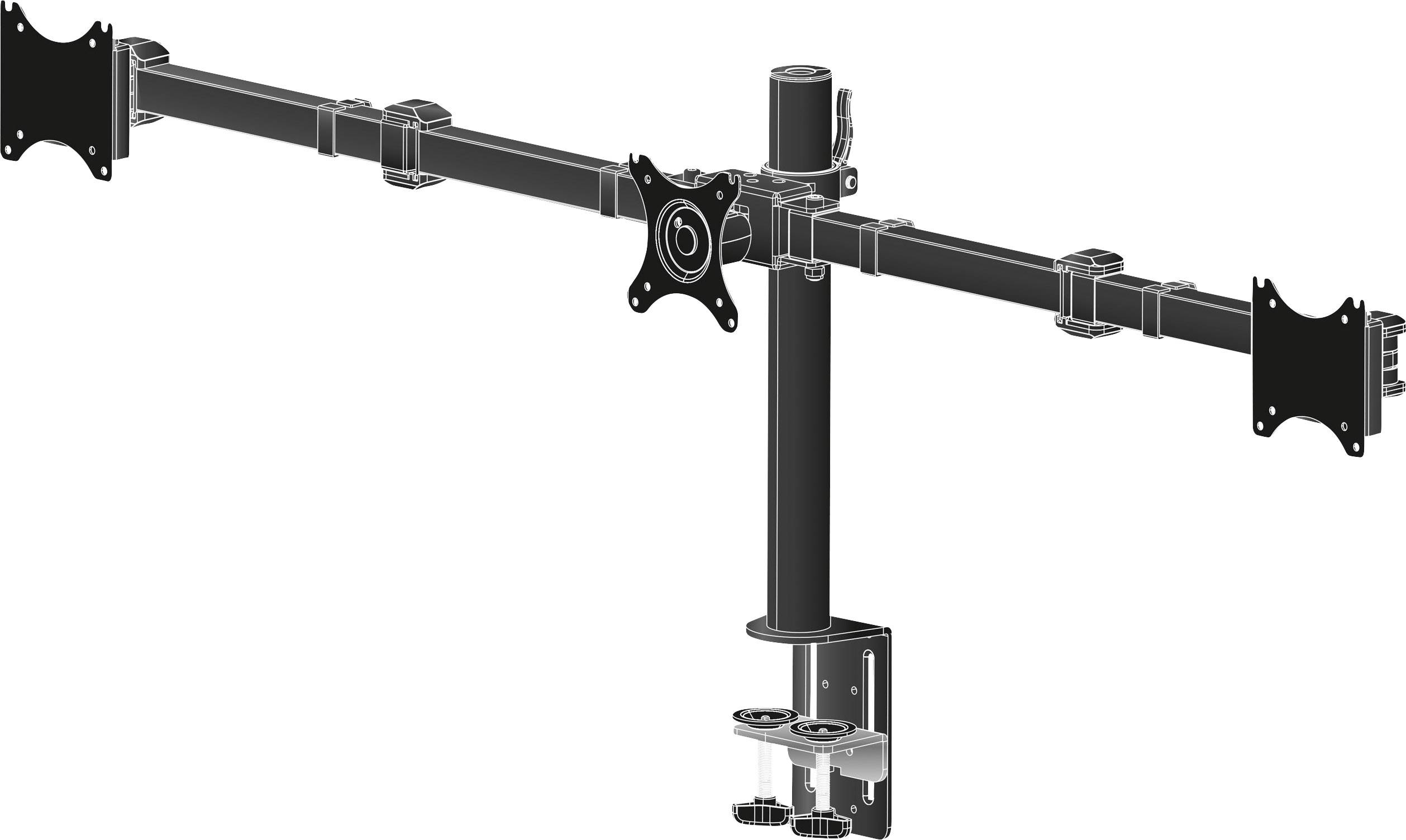 Monitorhalterung mit dualer Armschiene und VESA-Platten zur Befestigung von zwei Bildschirmen, geeignet für ergonomische Arbeitsplatzgestaltung.
