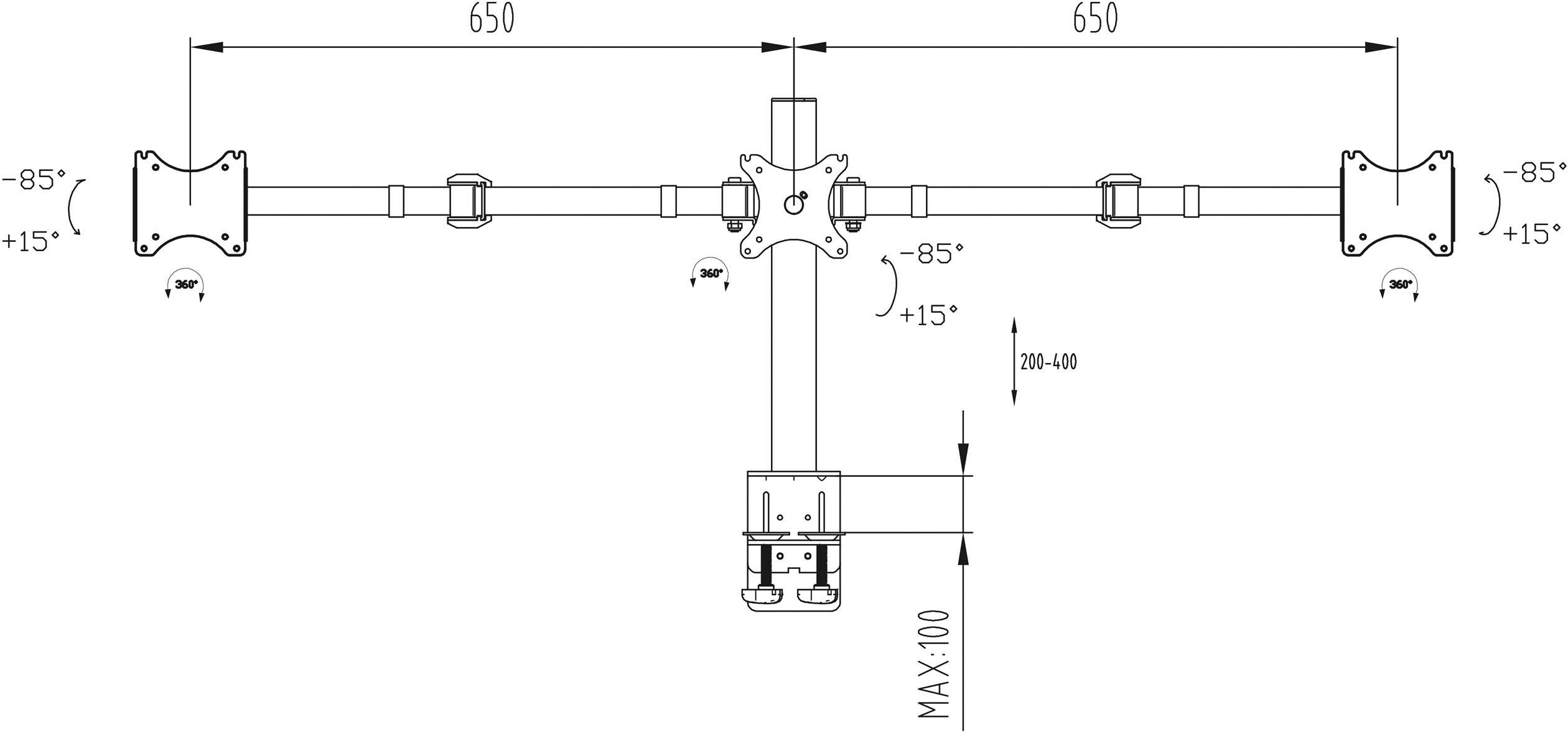 'Technische Zeichnung eines doppelten Monitorarms. Arme 650 mm lang, neigbar um ±85° und drehbar um ±15° mit Höhenverstellung 280-400 mm.'