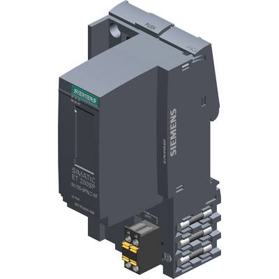 Industrieautomatisierungsgerät von Siemens, Modell SIMATIC ET 200SP. Dunkles, kompaktes Design mit markanten Verbindungselementen.