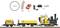 Modelleisenbahn-Set: Gelbe Dampflokomotive und Waggons auf Schienen. Enthält 12 Schienenteile, einen Transformator und eine Steuerung. Schienendurchmesser: 1.290 mm.