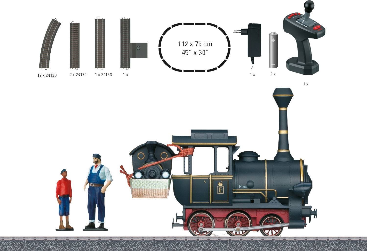 Das Bild zeigt ein Eisenbahnmodell-Set mit einer Dampflokomotive, zwei Figuren, Steuerung und Schienen in verschiedenen Formen.