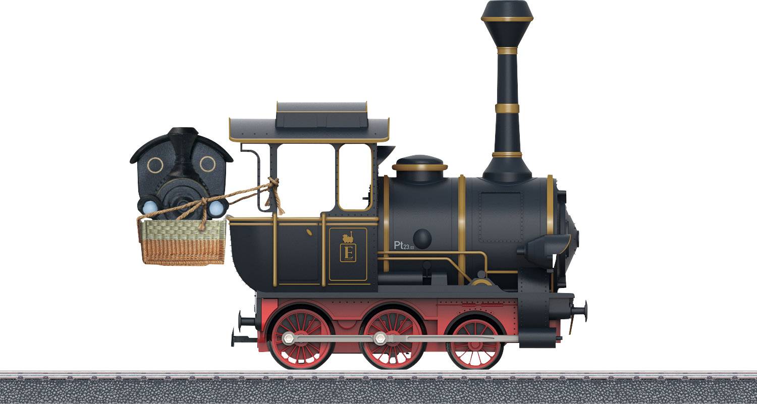 Historische schwarze Dampflokomotive mit roten Rädern steht auf Schienen. Sie hat einen Schornstein und goldene Verzierungen.