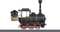 Historische schwarze Dampflokomotive mit roten Rädern steht auf Schienen. Sie hat einen Schornstein und goldene Verzierungen.