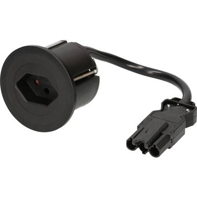 Schwarze Steckdose mit Kabel und Standardanschluss, geeignet für Einbau in Möbel oder Geräte.