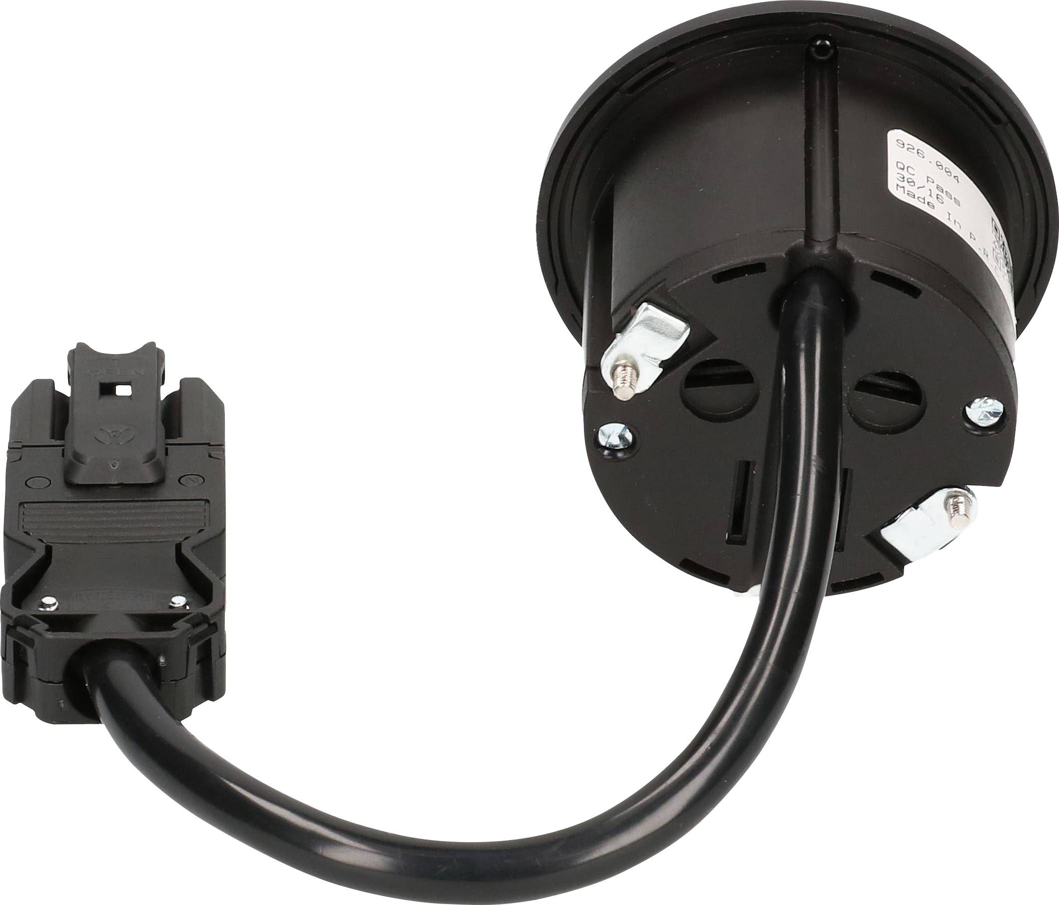 Elektrischer Steckverbinder mit rundem Gehäuse und schwarzem Kabel, geeignet für installationsbezogene Anwendungen.