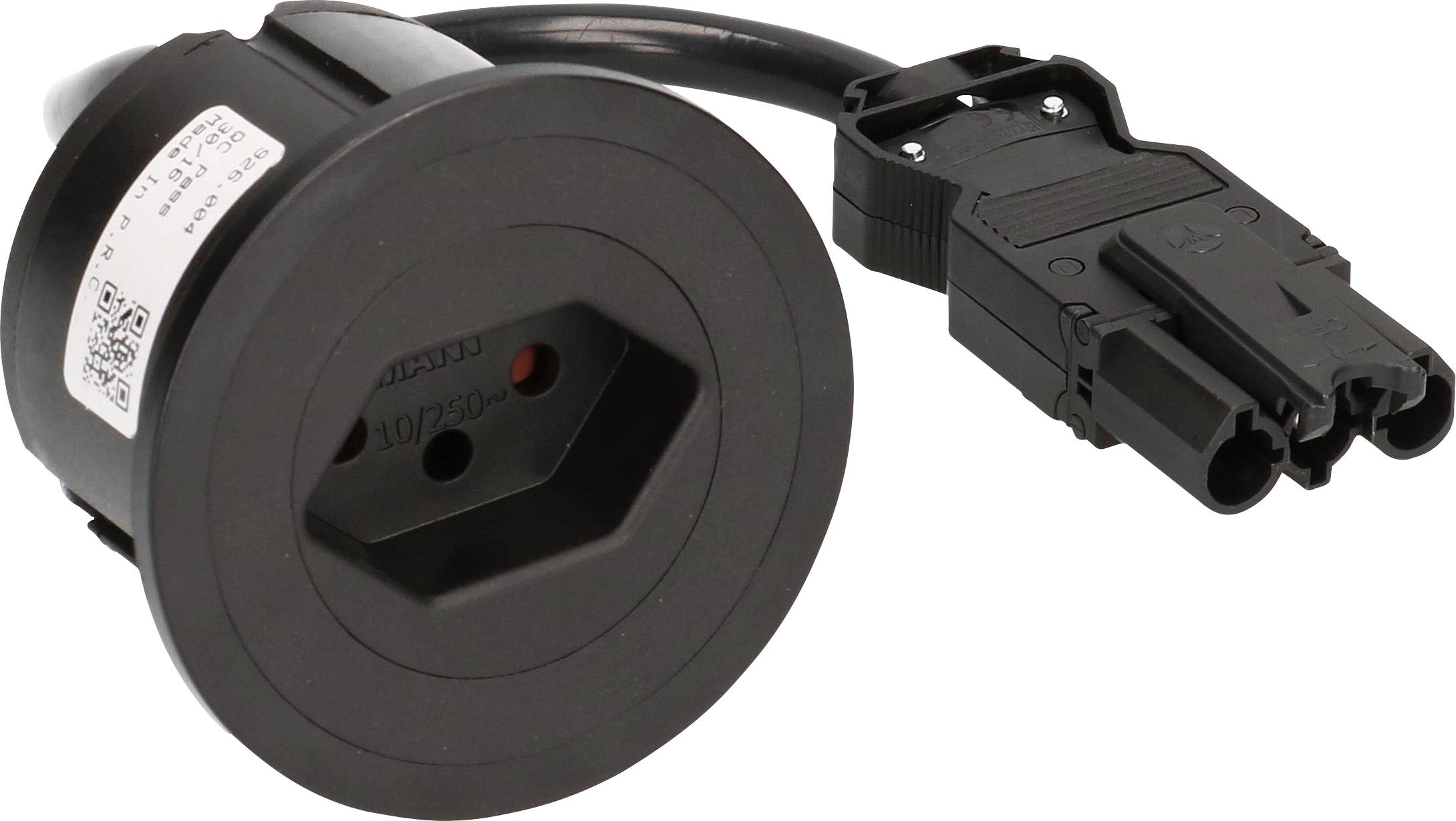 Eine schwarze Steckdose mit einem langen Kabel, das in einen speziellen Stecker endet. Der Stecker hat zwei parallele Eingänge.