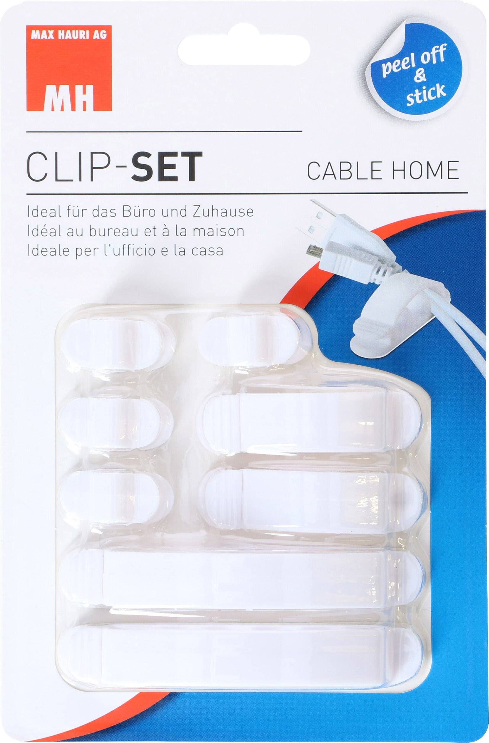 'CLIP-SET' für Kabelmanagement von Max Hauri AG, geeignet für Büro und Zuhause. Enthält verschiedene Kabelhalter mit 'peel off & stick'.