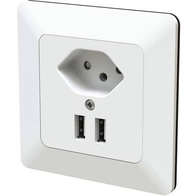 Weiße Steckdose mit zwei USB-Anschlüssen, montiert an einer Wand. Ideal für gleichzeitiges Laden mehrerer Geräte.