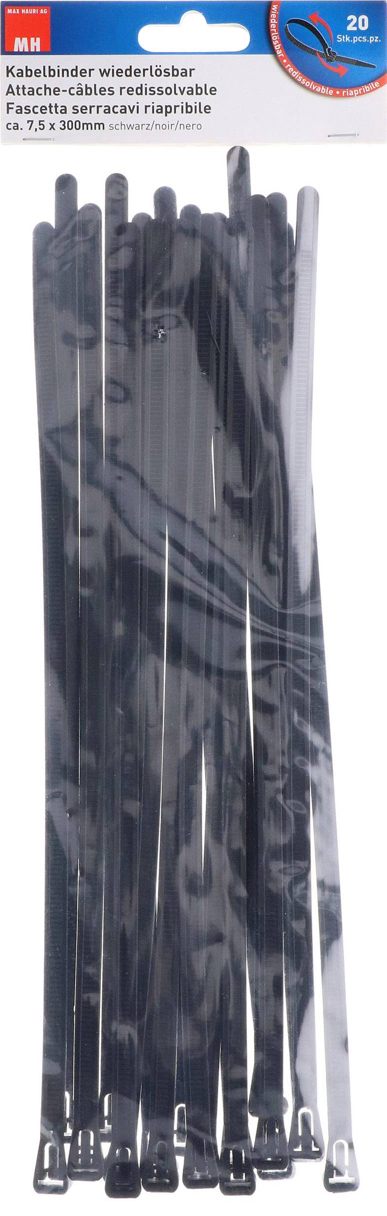 'Kabelbinder wiederlösbar, ca. 7,5 x 300 mm, 20 Stück im Set, schwarz. Geeignet für einfache Befestigungen und Organisation von Kabeln.'