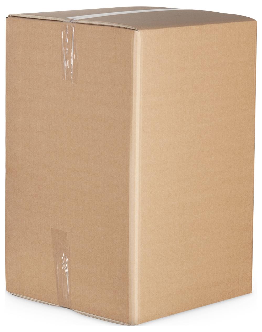 Großer, unbeschrifteter brauner Pappkarton mit Klebeband verschlossen, steht aufrecht auf einem weißen Hintergrund.
