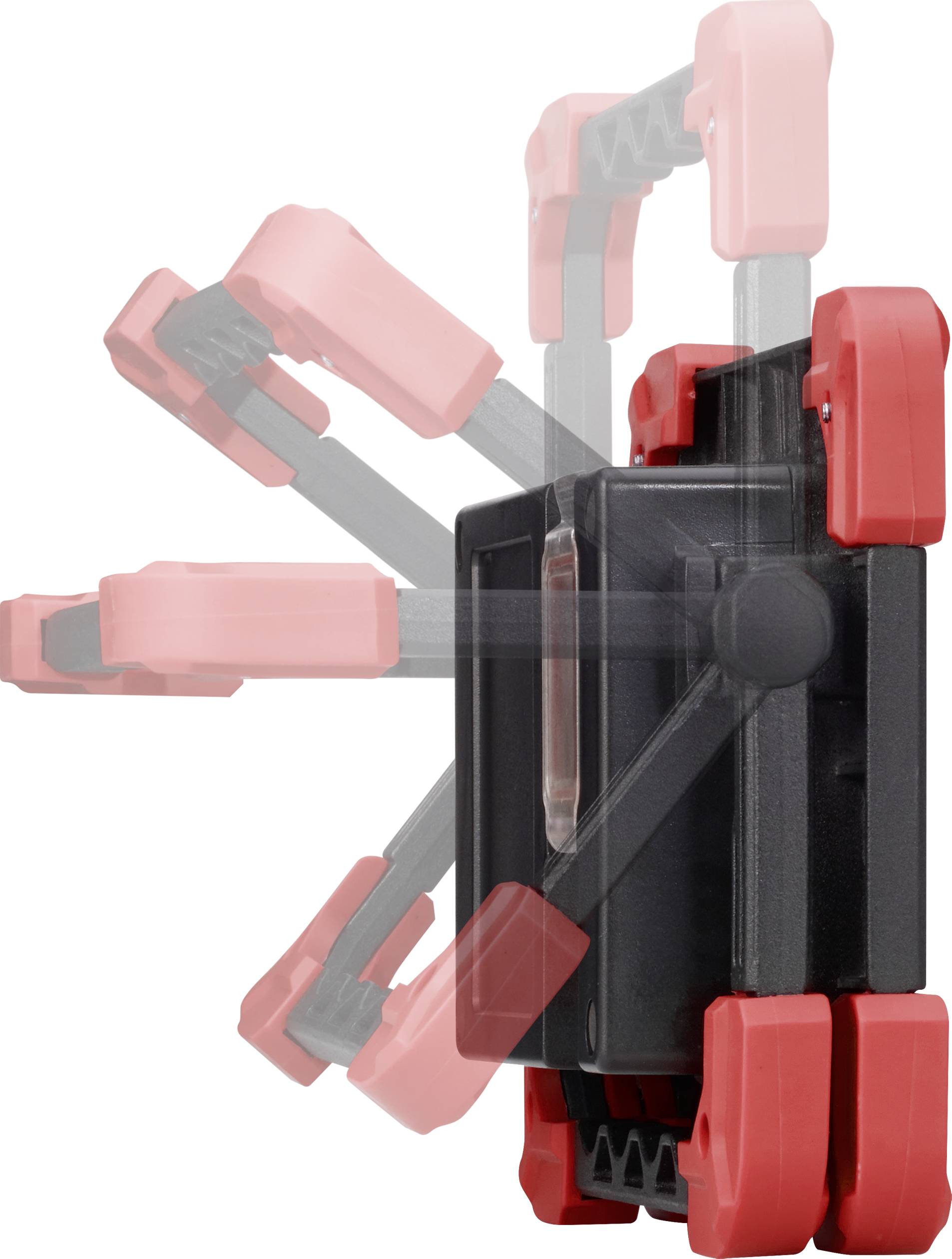 'Anpassbare Tasche mit mehreren verstellbaren Abschnitten, die um 180 Grad schwenken können, dargestellt in Rot und Schwarz.'