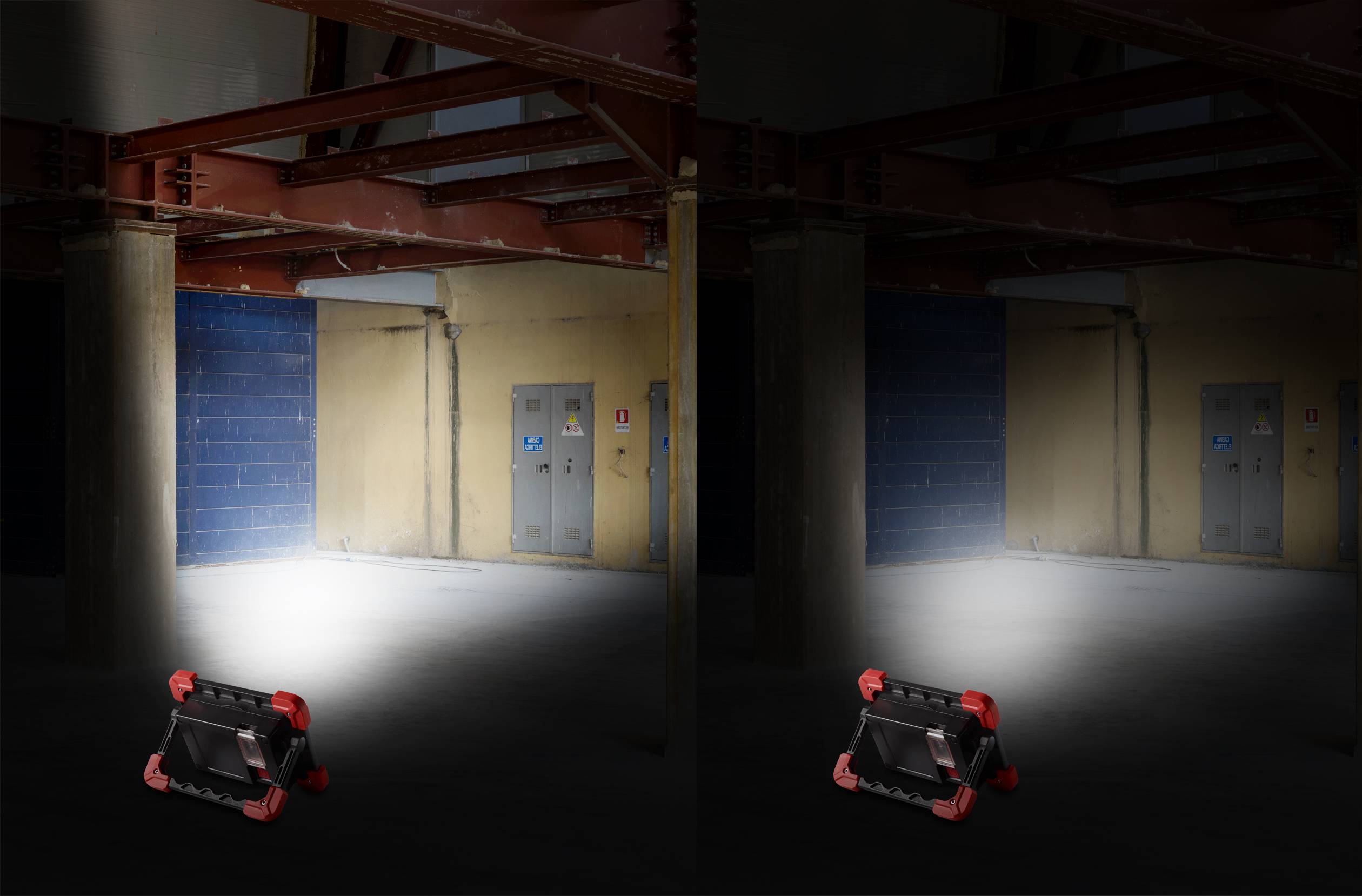 'Zwei Bilder eines Kellerraums. Links beleuchtet, zeigt dunkle Wände und Metalltüren. Rechts dunkler, dieselben Objekte im Schatten.'