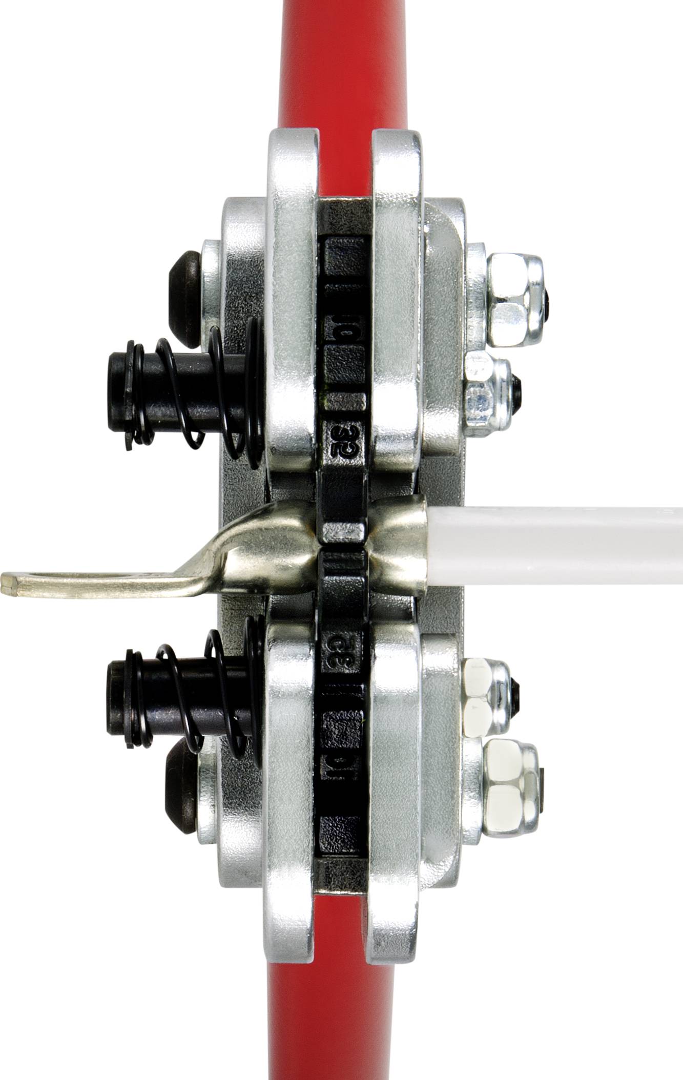 Zwei gegenüberliegende Scheibenbremsen an rotem und weißem Kabel, zeigen mechanische Details von Schrauben und Verbindungen.