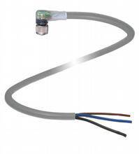 Graues elektrisches Kabel mit drei abisolierten Drahtenden (braun, blau, schwarz) und einem abgewinkelten Stecker am anderen Ende.