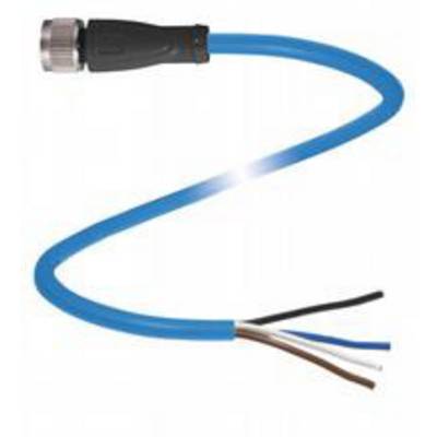 'Blaues elektrisches Kabel mit schwarzer, brauner und blauer Ader, verbunden mit einem Metallstecker links.'