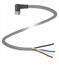 'Ein graues Kabel mit einem gewinkelten Stecker und vier offenen Drähten am anderen Ende: schwarz, braun, blau und weiß.'