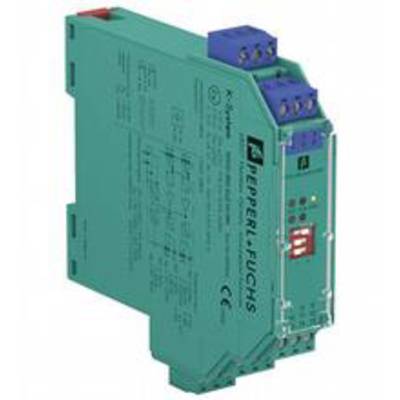 'Elektrisches Gerät von Pepperl+Fuchs, grün, montierbar auf DIN-Schiene, mit Anschlüssen oben und Beschriftung auf der Vorderseite.'