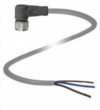 Graues elektrisches Kabel mit schwarzem Winkelstecker auf einer Seite und drei offenen Aderenden (braun, blau und schwarz) auf der anderen.