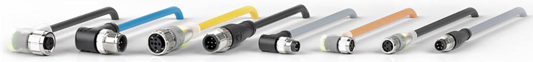 Mehrere industrielle Rundsteckverbinder in verschiedenen Farben nebeneinander liegend, zeigen Varianten und Größen für technische Anwendungen.