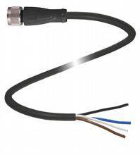 'Ein offenes Stromkabel mit vier farbigen Drähten: schwarz, braun, blau und weiß. Der Stecker ist links mit einer Verschlusskappe.'