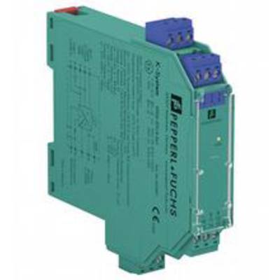 Ein grünes Elektronikmodul von Pepperl+Fuchs mit blauen Anschlüssen und Spezifikationen auf der Vorderseite.