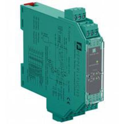 Ein grünes elektronisches Gerät mit mehreren Anschlüssen, wahrscheinlich ein Schaltschrankkomponent. Es hat seitliche Beschriftungen und ein digitales Display.