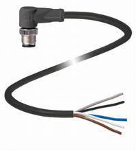 Schwarzes Kabel mit einem abgewinkelten Stecker und offenen Drahtenden. Geeignet für elektrische Verbindungen.