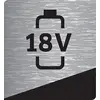 '18V' steht über einem Batteriesymbol auf metallischem Hintergrund, Symbol für Akku mit 18 Volt Spannung.