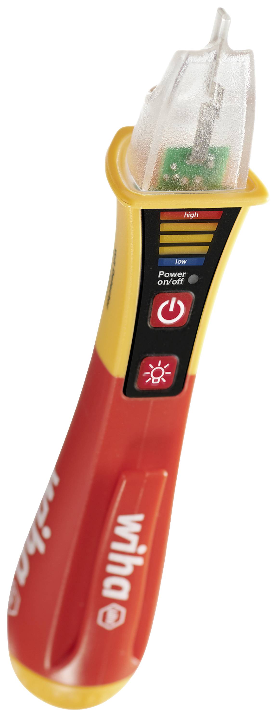 Digitale Spannungsanzeige in Form eines Stifts mit rotem und gelbem Gehäuse, LED-Anzeigen für Spannung und Licht, Marke 'Wiha'.