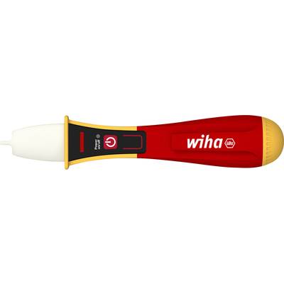 Ein roter Spannungsprüfer mit gelbem Griff der Marke Wiha, zeigt ein Symbol für Spannungsprüfung und ist eingeschaltet.
