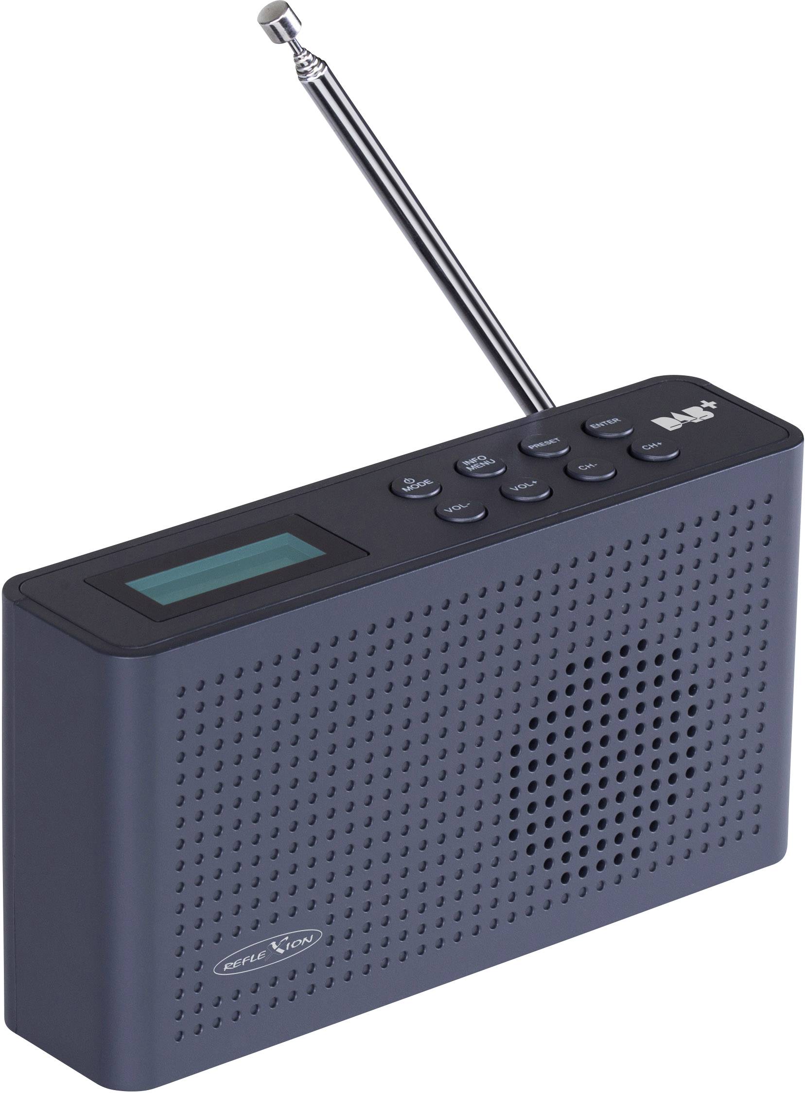 Ein tragbares Digitalradio mit Teleskopantenne, Lautsprechergitter und Bedienknöpfen auf der Oberseite, ideal für mobilen Musikgenuss.