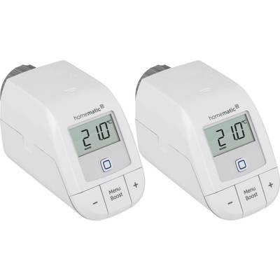Zwei digitale Heizkörperthermostate mit Display zeigen 21,0°C an. Tasten zur Steuerung befinden sich darunter.