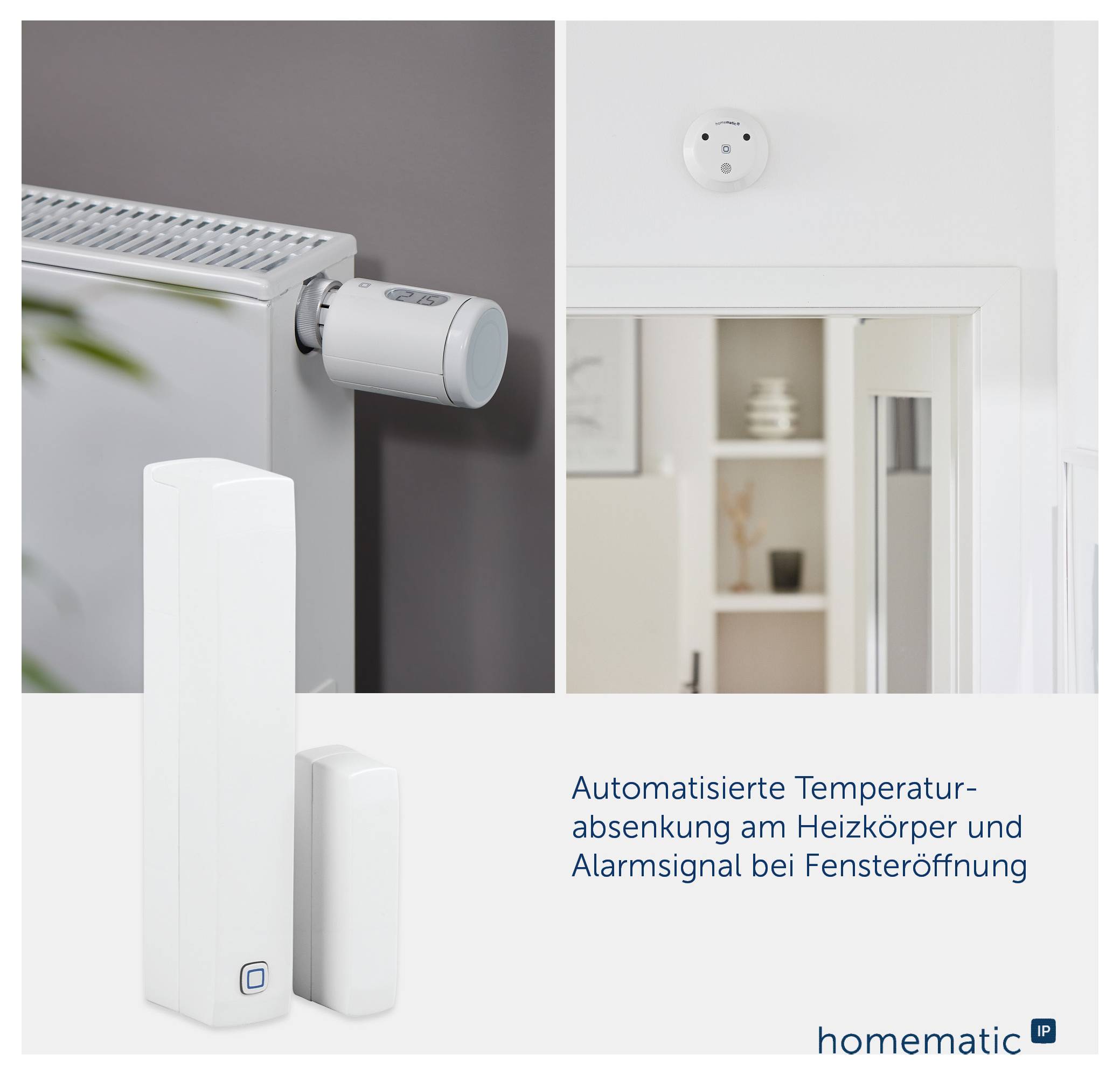 Werbegrafik für smartes Heizungsmanagement: Heizkörperthermostat senkt Temperatur bei Fensteröffnung; unten Geräteabbildung, oben offenes Fenster mit Rauchmelder.